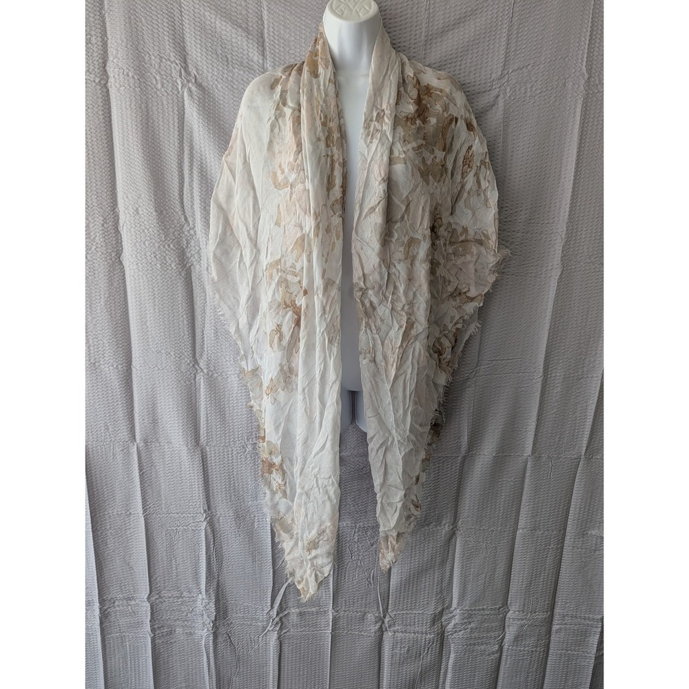 H by Halston Women Floral Print Scarf Frayed Edge Tan Beige White Lightweight
